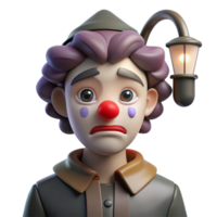 malinconico sereno ritratto di un' malinconico clown con dissolvenza trucco, un' singolo lacrima rotolamento giù loro guancia, e un' sognante espressione, illuminato di un' offuscare lampione, nel un' drammatico stile originale png