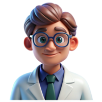 sought after bohemian Portrait of a curious scientist with glasses, a lab coat, and a thoughtful expression, lit by bright fluorescent lights, in a pop art style crisp png