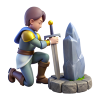 nostalgic enchanting A lone knight kneeling before a mystical sword embedded in a stone, soft sunlight, romanticism style crisp png