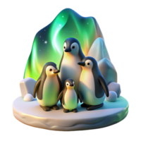 wonderful unparalleled A family of penguins huddled together on an icy landscape, illuminated by the soft glow of the aurora borealis, rendered in a realistic style png