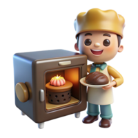 dramatic quintessential A mischievous brownie baking a cake in a tiny oven, warm lighting, cozy and whimsical, children s book illustration style png