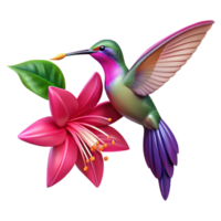 splendid calm creative A hummingbird hovering near a vibrant fuchsia flower, wings blurred in motion, intense studio lighting, macro photography style expertly shot png