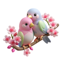 exquisite harmonious creative A pair of lovebirds perched on a blossoming cherry tree branch, soft pastel colors and bokeh effect, romantic illustration style exclusive png