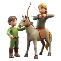 vibrant unforgettable A wise centaur teaching a young boy archery in a forest clearing, soft, dappled light, Renaissance style, png