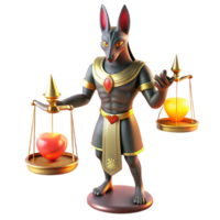 sumptuous bold retro Anubis, the jackal headed god, weighing a human heart against a feather on golden scales, illuminated by the flickering flames of torches. Ancient Egyptian murals style sharp png