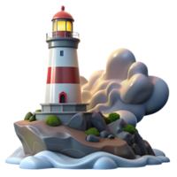 serene reflective impressionist A towering lighthouse on a rocky coast, crashing waves, dramatic storm clouds, flashing light masterfully captured png