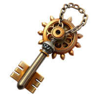 captivating dramatic surreal A steampunk key, intricately designed with gears and symbols, hanging from a chain. Dramatic, backlighting. Steampunk style artisan png