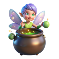 wonderful acclaimed A mischievous pixie with iridescent wings hovering over a bubbling cauldron, surrounded by fireflies, whimsical illustration png