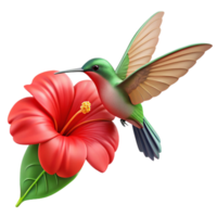 gorgeous exemplary A hummingbird hovering over a bright red hibiscus flower, natural light, botanical illustration style, fine lines, png
