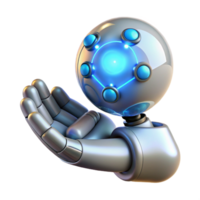 picturesque retro A chrome robot hand delicately holding a glowing orb of data, intricate circuitry visible beneath its polished surface, lit by a soft blue light in a chiaroscuro style premium png