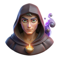 whimsical sumptuous Portrait of a mysterious fortune teller with a hooded cloak, piercing eyes, and a cryptic expression, lit by candlelight and swirling smoke, in a mystical style perfect clarity png