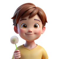 alluring elegant Portrait of a young child with wide, innocent eyes and a playful smile, holding a dandelion, lit by soft, diffused sunlight masterfully captured png