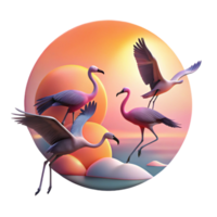 dramatic tropical A flock of flamingos taking flight against a vibrant sunset, silhouette effect, dramatic backlighting, minimalist art style studio quality png