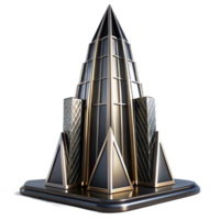 joyful hypnotic Art Deco skyscraper, sleek chrome and black glass, sharp geometric patterns, dramatic uplighting in a rainy cityscape at night high resolution png