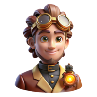 gorgeous art deco Portrait of a steampunk inventor with goggles and intricate gears, illuminated by the warm glow of a workshop lamp, in a steampunk style premium png