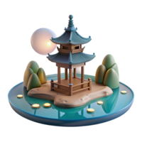 gorgeous calm impressionist A floating pagoda in a serene lake, soft moonlight, traditional East Asian painting style studio quality png