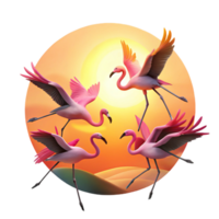 vibrant iconic A flock of flamingos taking flight against a vibrant sunset, silhouette effect, dramatic backlighting, minimalist art style png