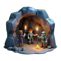 picturesque mid century A group of adventurers exploring a dark and mysterious cave, flickering torchlight, adventurous and gritty style high quality png