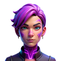 alluring exemplary Portrait of a non binary person with vibrant purple hair, intricate facial tattoos, and a neutral expression, lit by neon pink and blue lights, in a cyberpunk style png