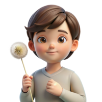 majestic mid century Portrait of a curious child with wide, innocent eyes, holding a dandelion clock, lit by soft, diffused light, in a whimsical style handcrafted png