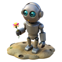 timeless retro A robot holding a wilting flower, standing in a desolate landscape. Post apocalyptic style. Desaturated lighting genuine png
