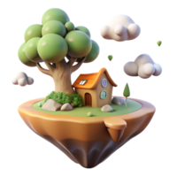 immaculate iconic A floating island with a single tree and a small house, peaceful atmosphere, fantasy art, soft lighting, png