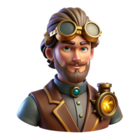 gorgeous melancholic traditional Portrait of a steampunk inventor with goggles, gears, and intricate gadgets, lit by flickering gaslight, in a retro futuristic style high resolution png