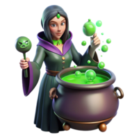 mesmerizing coveted A mysterious sorceress brewing a potion in a cauldron, surrounded by bubbling vials and strange ingredients. Green, eerie lighting, gothic horror style png