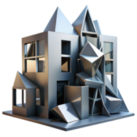 unforgettable tropical A decontructivist building with fragmented shapes, sharp angles, metallic surfaces, dramatic shadows premium png