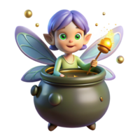 remarkable minimalist A mischievous pixie with iridescent wings hovering over a bubbling cauldron, surrounded by fireflies, whimsical illustration impeccable png