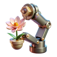 glorious dramatic bohemian A robotic arm holding a delicate flower, contrasting metal and nature, soft and diffused lighting, surrealism style sharp png
