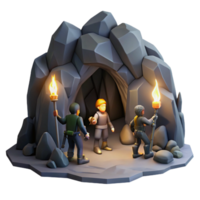 glorious mid century A group of adventurers exploring a dark and mysterious cave, flickering torchlight, adventurous and gritty style 4K png
