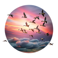 serene elegant A flock of migratory birds flying in formation against a dramatic sunset sky, painted in a romantic style 8K png