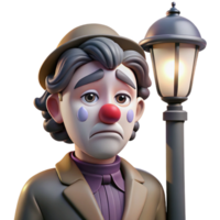 intense serene Portrait of a melancholic clown with fading makeup, a single tear rolling down their cheek, and a wistful expression, lit by a dim streetlamp, in a dramatic style refined png