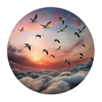 picturesque joyful geometric A flock of migratory birds flying in formation against a dramatic sunset sky, painted in a romantic style authentic png