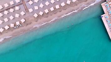 Top-Down Drone View of Aligned Beach Umbrellas and Clear Turquoise Sea video
