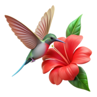 pristine mid century A hummingbird hovering over a bright red hibiscus flower, natural light, botanical illustration style, fine lines, authentic png