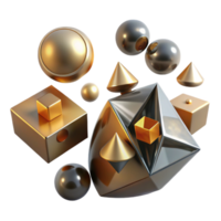 dreamy immaculate A field of floating, geometric primitives cubes, spheres, cones with a metallic texture, illuminated by a sharp, directional light source from above high resolution png