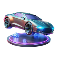 signature industrial A futuristic car hovering above the ground, sleek and aerodynamic design, neon city lights reflecting on its surface, cyberpunk style sharp png