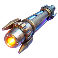 distinctive retro A futuristic weapon, sleek and metallic design, glowing energy core, dramatic lighting, science fiction concept art style handcrafted png