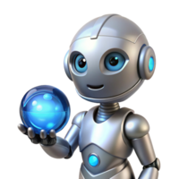 energetic exquisite A sleek, silver robot, with glowing blue eyes, holds a glowing orb of energy, illuminated by the orb s light. Anime style, soft lighting flawless png