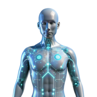 exquisite retro A transparent human figure with glowing circuitry visible beneath the skin, surrounded by data streams, illuminated by a soft white light, in a cyberpunk style expertly shot png