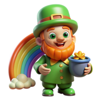 intense beautiful A mischievous Leprechaun hiding a pot of gold at the end of a rainbow, bright, cheerful lighting, cartoon style handcrafted png