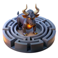 tranquil striking The Minotaur trapped within the labyrinth, shadows stretching, dark fantasy style, dimly lit, claustrophobic, masterfully captured png