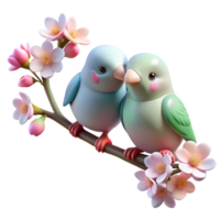 whimsical dazzling A pair of lovebirds perched on a blossoming cherry tree branch, soft pastel colors and bokeh effect, romantic illustration style 8K png