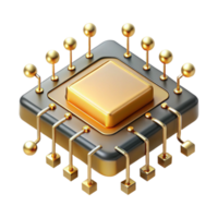 coveted avant garde A single microchip, magnified to enormous scale, intricate pathways glowing with golden light, viewed from a microscopic perspective, rendered in a photorealistic style ultra HD png