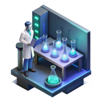 energetic pristine A lone scientist working in a high tech laboratory, surrounded by bubbling beakers and glowing screens, cool lighting, isometric view, pixel art, flawless png