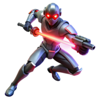 extraordinary classic A cyborg with glowing red eyes, wielding a futuristic energy weapon, dynamic pose, neon lighting, cyberpunk style, elite png
