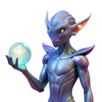 majestic timeless A humanoid alien with iridescent scales, holding a glowing orb, floating in a nebula. Fantasy art style. Dreamlike lighting png
