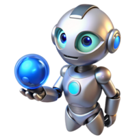 alluring nostalgic bohemian A sleek, silver robot, with glowing blue eyes, holds a glowing orb of energy, illuminated by the orb s light. Anime style, soft lighting sharp png